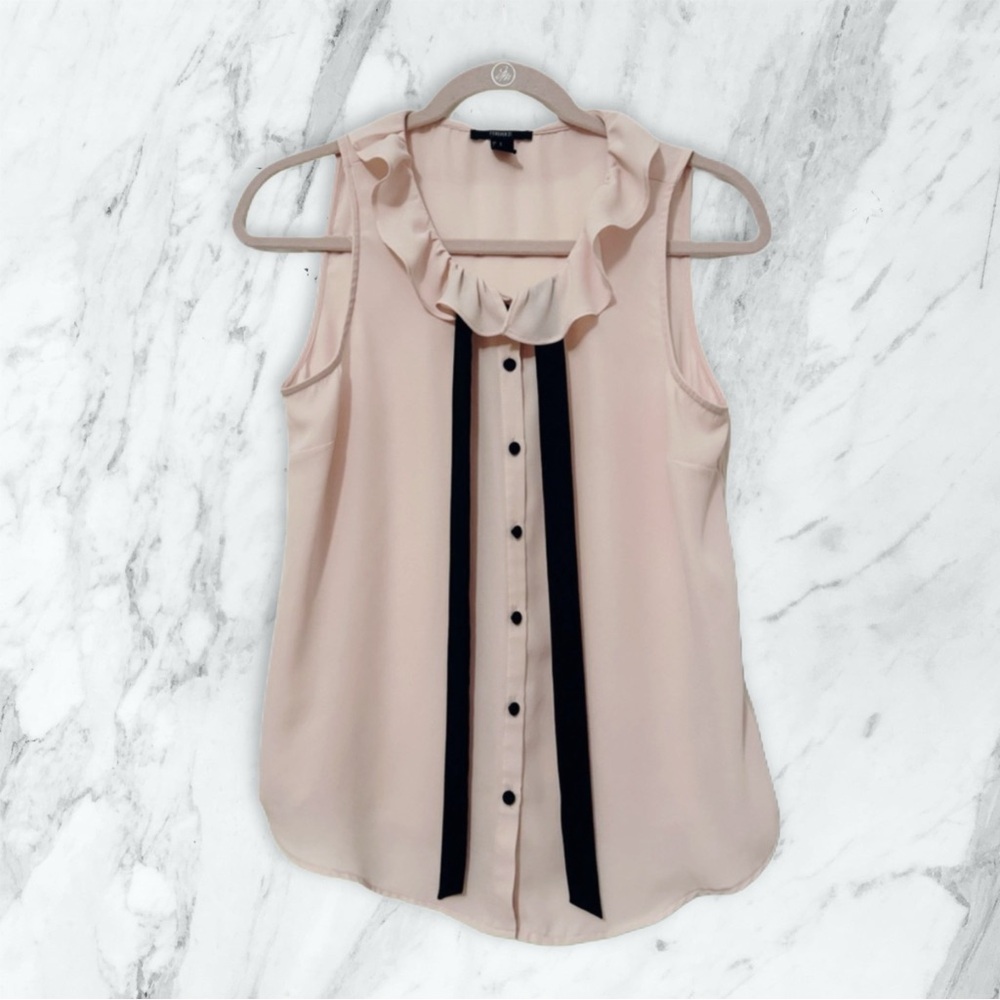 FOREVER 21 ⭐️ Peter Pan Pink Blouse Top Ruffle Collar Black Ribbon Bow Button Up